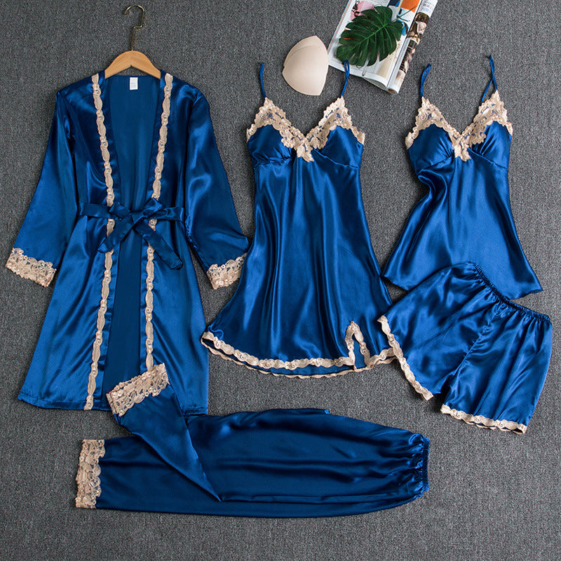 Gluschwein - Weicher, bequemer Pyjama aus Eisseide und Spitze Navy blau