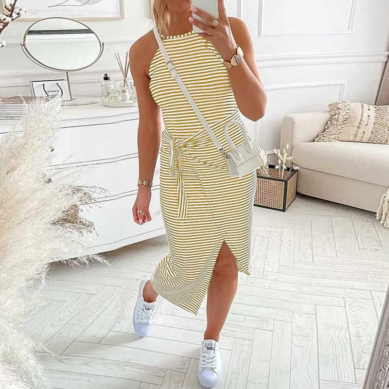 Gluschwein - Sexy Gestreiftes Ärmelloses Damenkleid mit Schnürung gelb