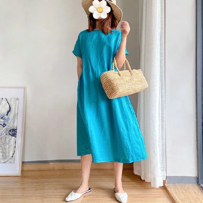 Gluschwein - Stella - Bequemes Leinen Baumwollkleid Pfauenblau