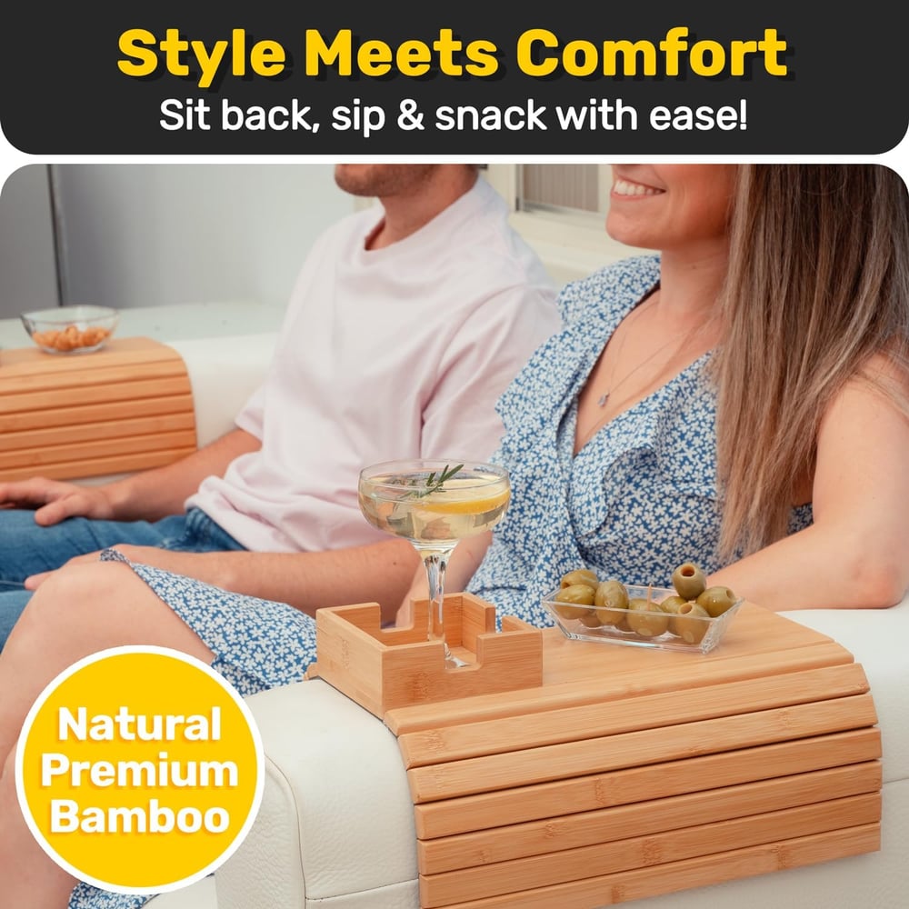 BambooEase | Bambus Armlehnen Tablett Umweltfreundlicher Becher- und Snackhalter für das Sofa