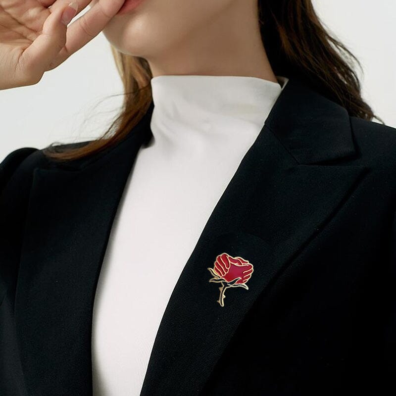 Gluschwein - Emaille- und Kristallbrosche mit roter Rose