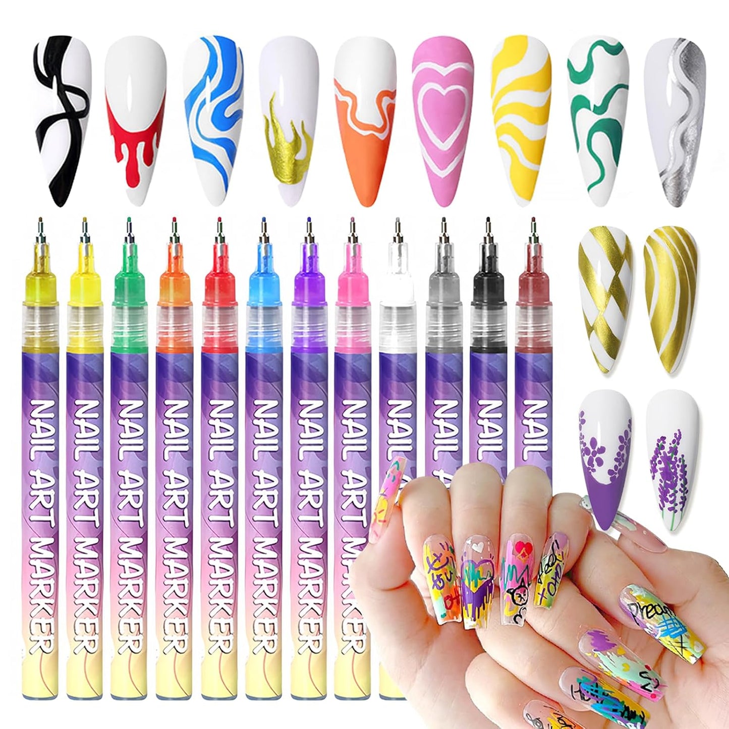 NailArt - 12 Farben Nagelkunst-Stifte — Acryl-Nageldesign-Set mit feiner Spitze