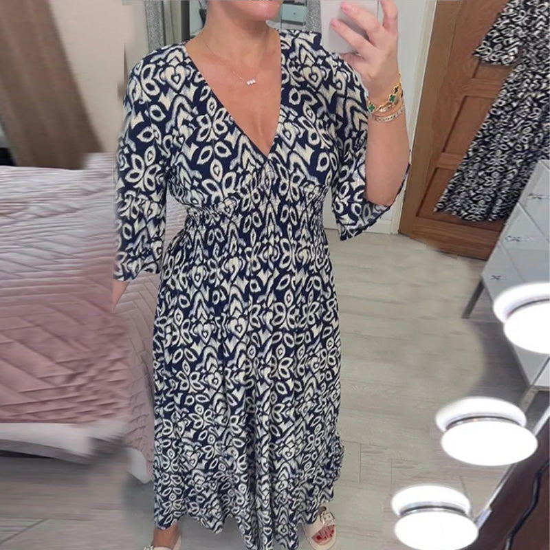 Gluschwein - Bedrucktes Kleid mit ausgestellten Ärmeln und V-Ausschnitt Navy bluau