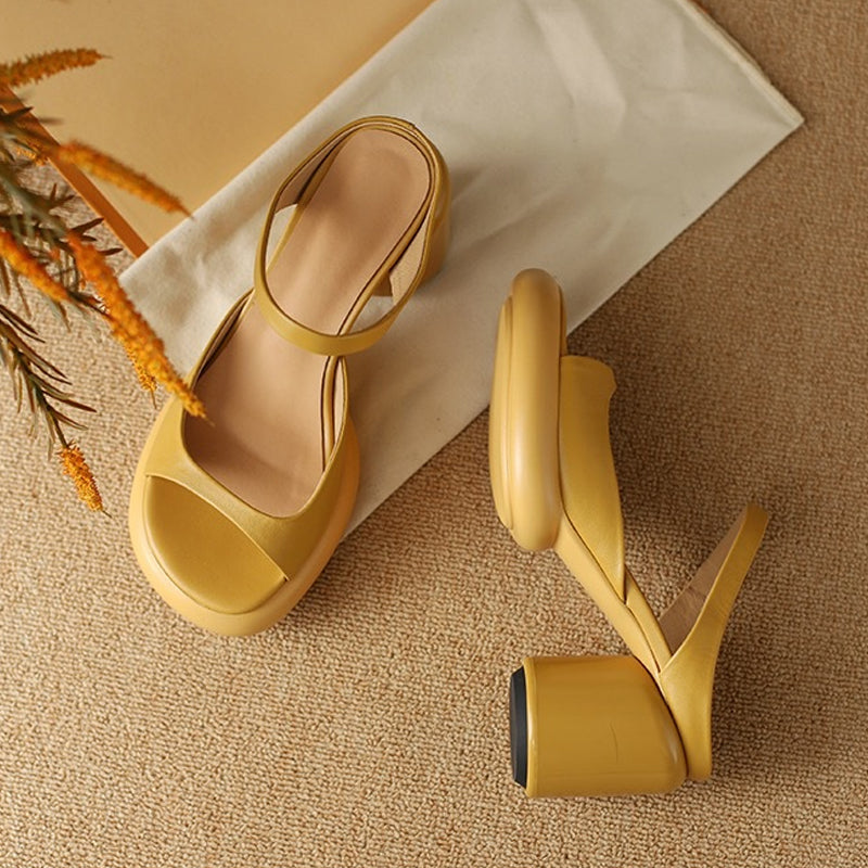 Gluschwein - Sommer-Retro-Sandalen für Damen mit dickem Absatz Gelb