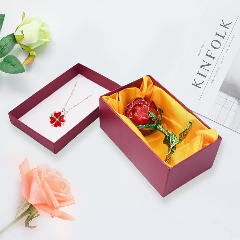Gluschwein - Kreativ gefaltete vierblättrige Kleeblatt-Halskette Roségold + Geschenkbox mit Diamantrose