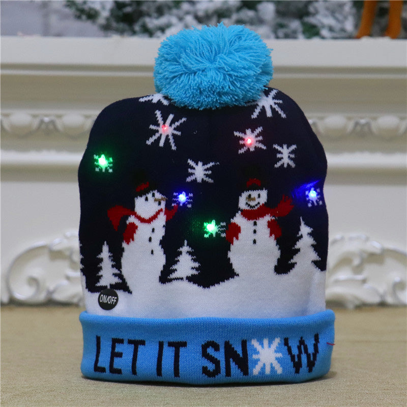 Gluschwein - Bunte leuchtende gestrickte Weihnachtsmütze SCHWARZER SCHNEEMANN