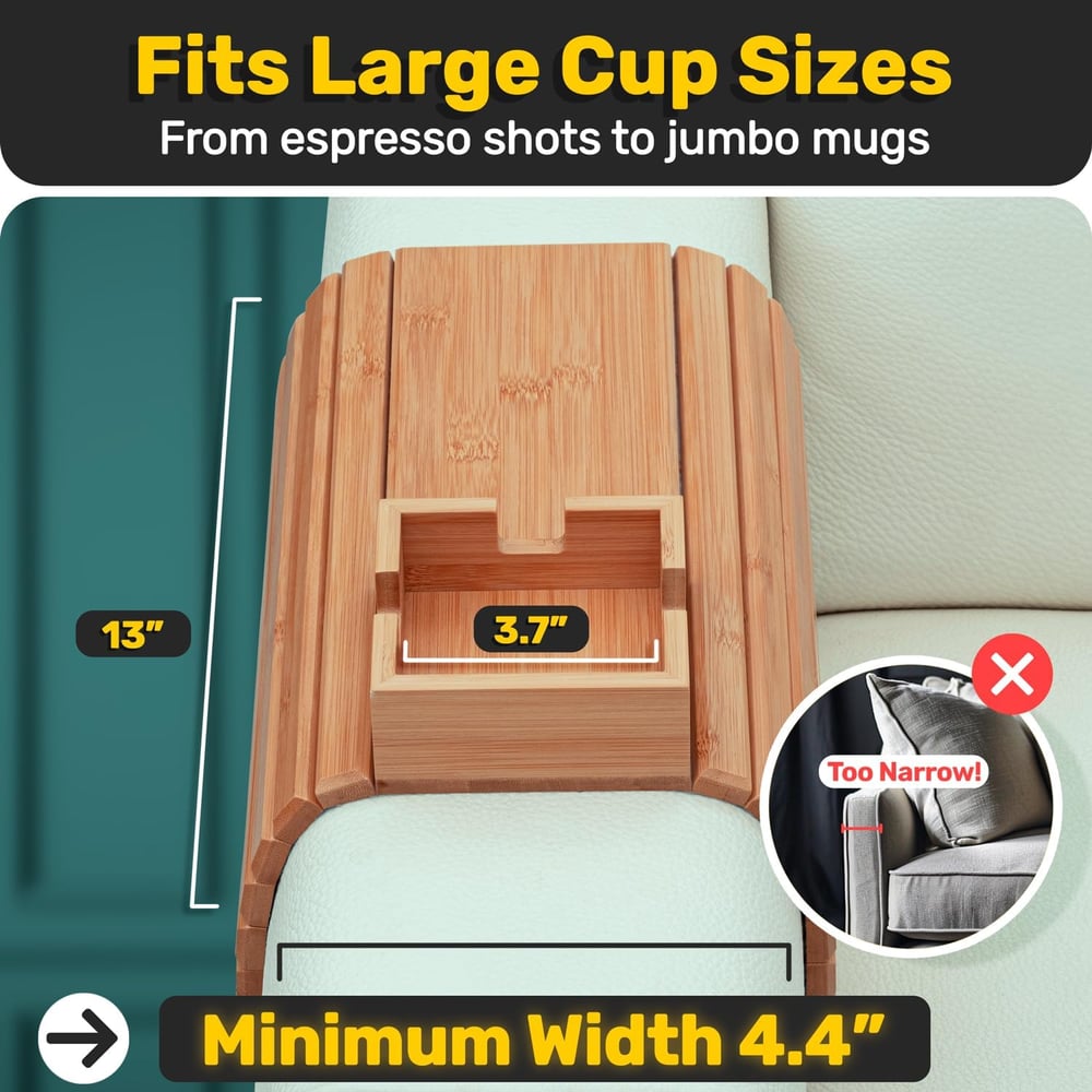 BambooEase | Bambus Armlehnen Tablett Umweltfreundlicher Becher- und Snackhalter für das Sofa