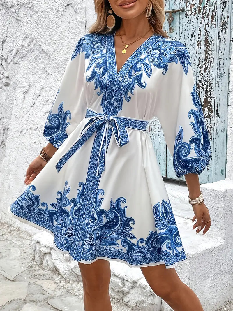 Gwenda – Vestido corte A con escote en V y estampado paisley