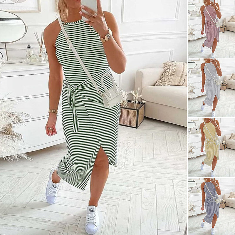 Gluschwein - Sexy Gestreiftes Ärmelloses Damenkleid mit Schnürung