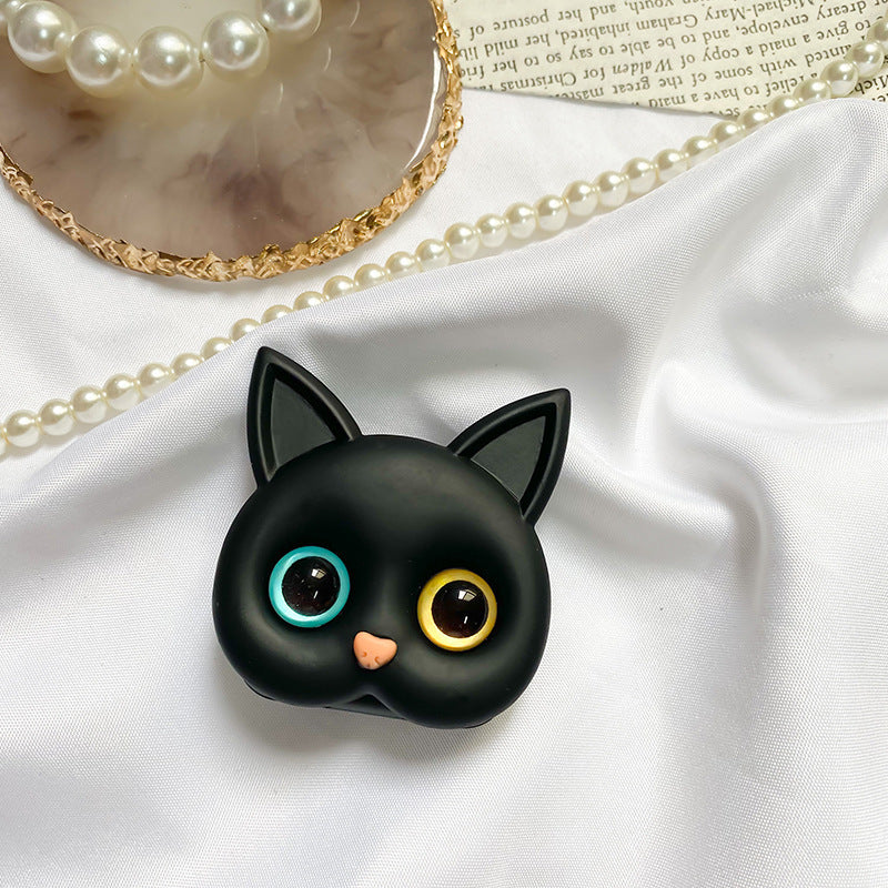 Gluschwein - Tragbarer 3D-Katzen-Handyhalter mit Schminkspiegel Schwarze Katze+Goldene blaue Augen