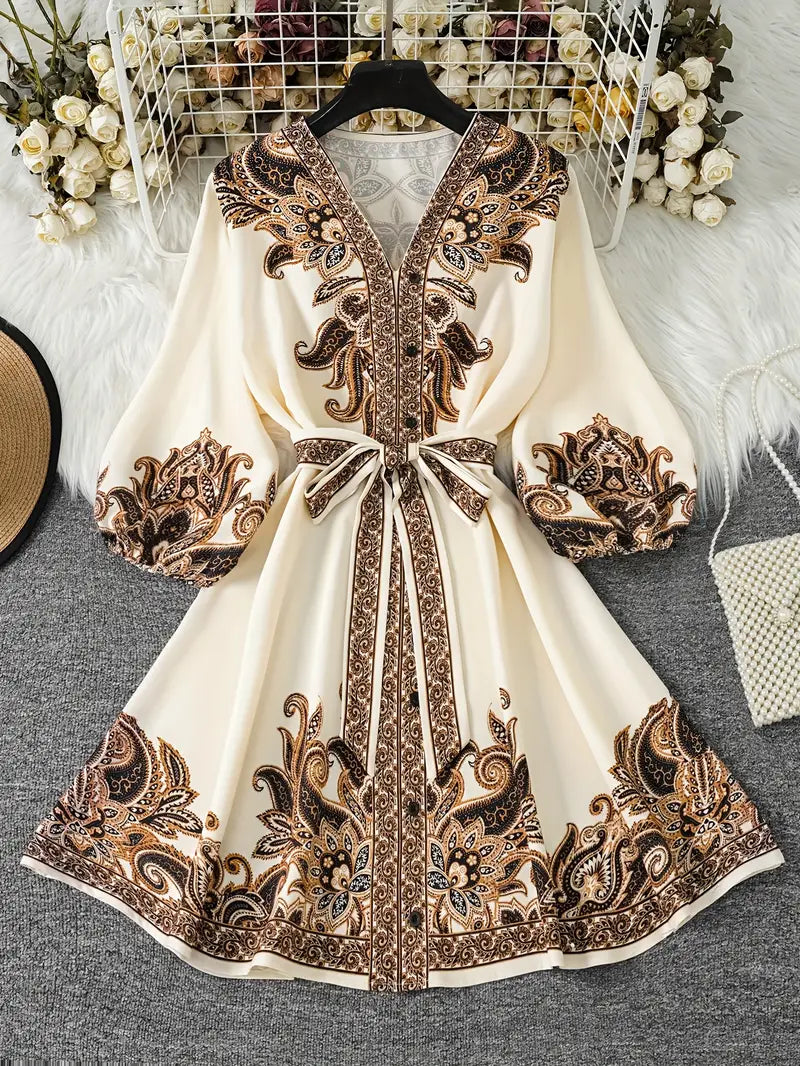 Gwenda – Vestido corte A con escote en V y estampado paisley