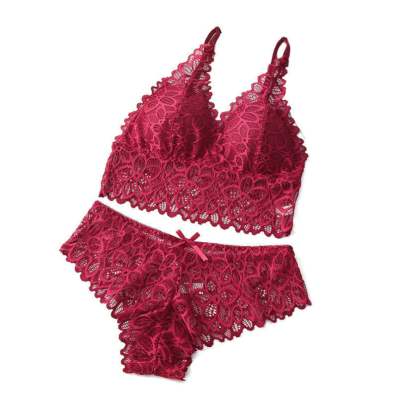 Gluschwein - Kabelloser BH aus kontrastierender Spitze und Panty mit Schleifenverzierung für Frauen