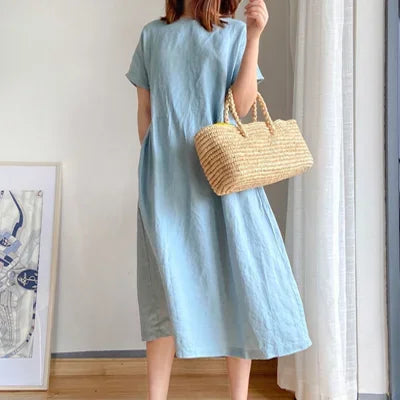 Gluschwein - Stella - Bequemes Leinen Baumwollkleid Hellblau