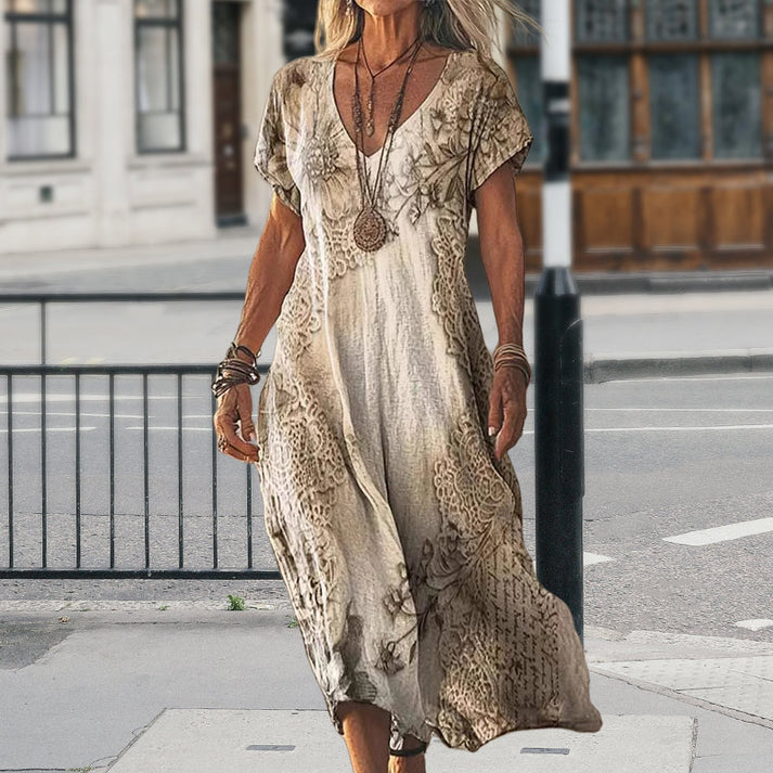 Zarela - Robe longue bohème à col en V | Fluide, féminine, intemporelle