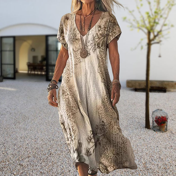 Zarela - Robe longue bohème à col en V | Fluide, féminine, intemporelle