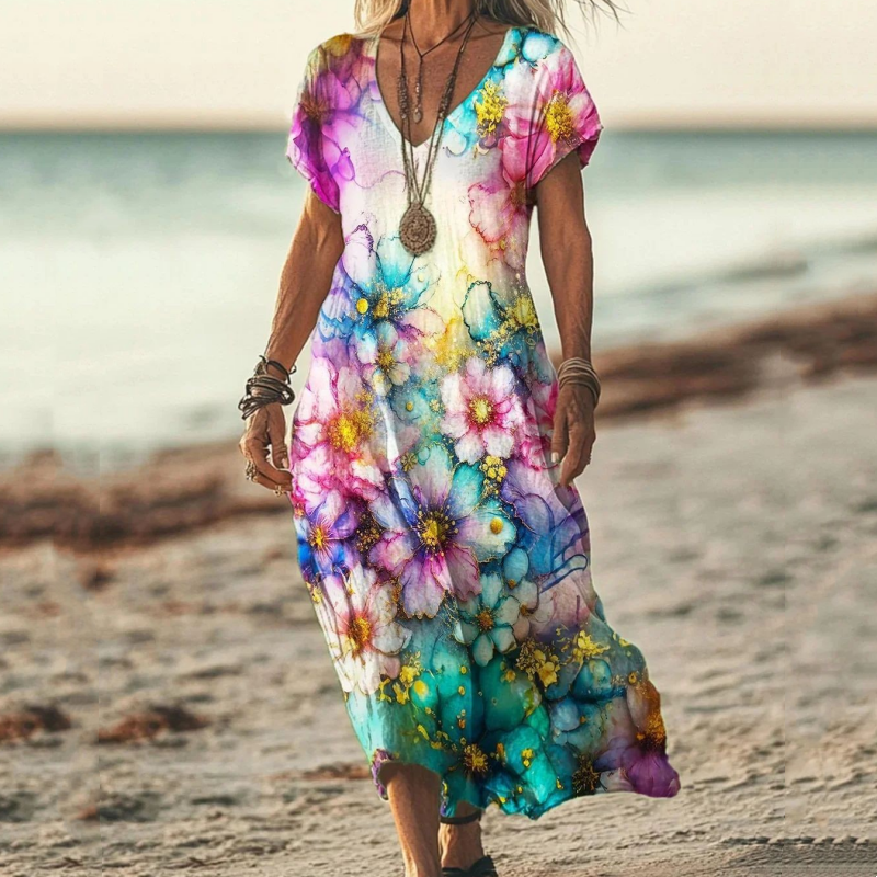 Zarela - Robe longue bohème à col en V | Fluide, féminine, intemporelle