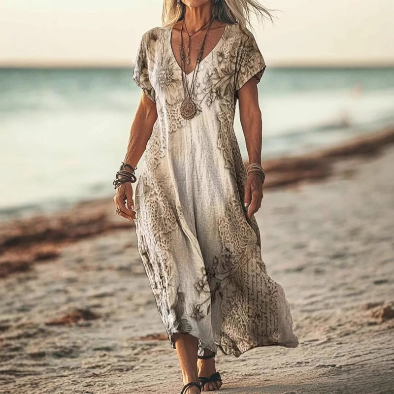 Zarela - Robe longue bohème à col en V | Fluide, féminine, intemporelle