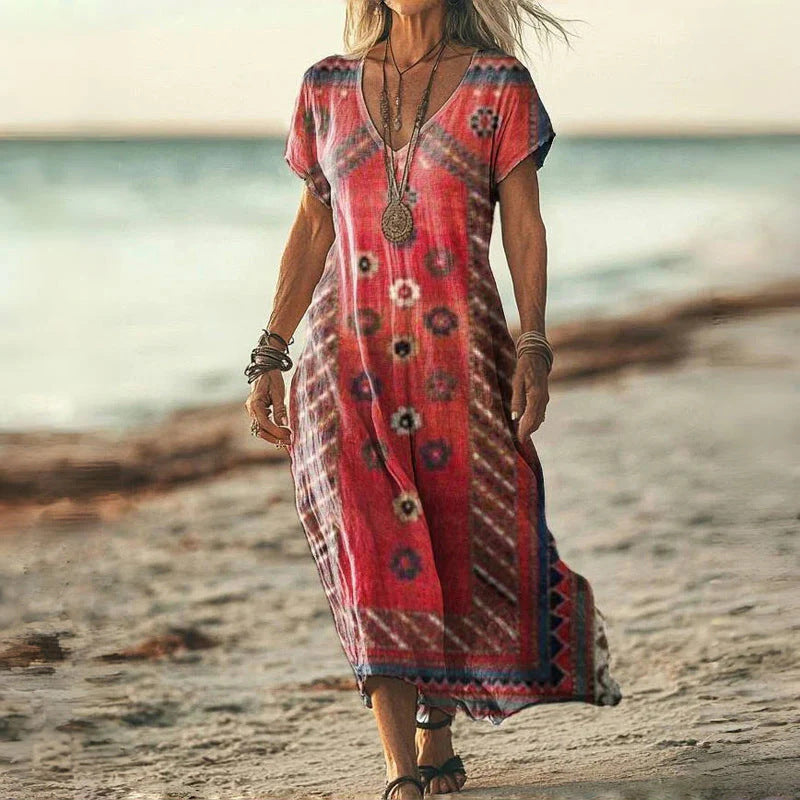 Zarela - Robe longue bohème à col en V | Fluide, féminine, intemporelle