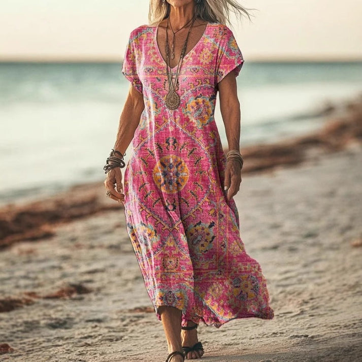 Zarela - Robe longue bohème à col en V | Fluide, féminine, intemporelle