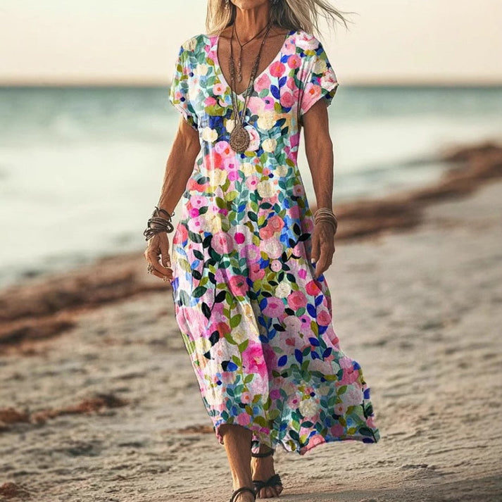Zarela - Robe longue bohème à col en V | Fluide, féminine, intemporelle