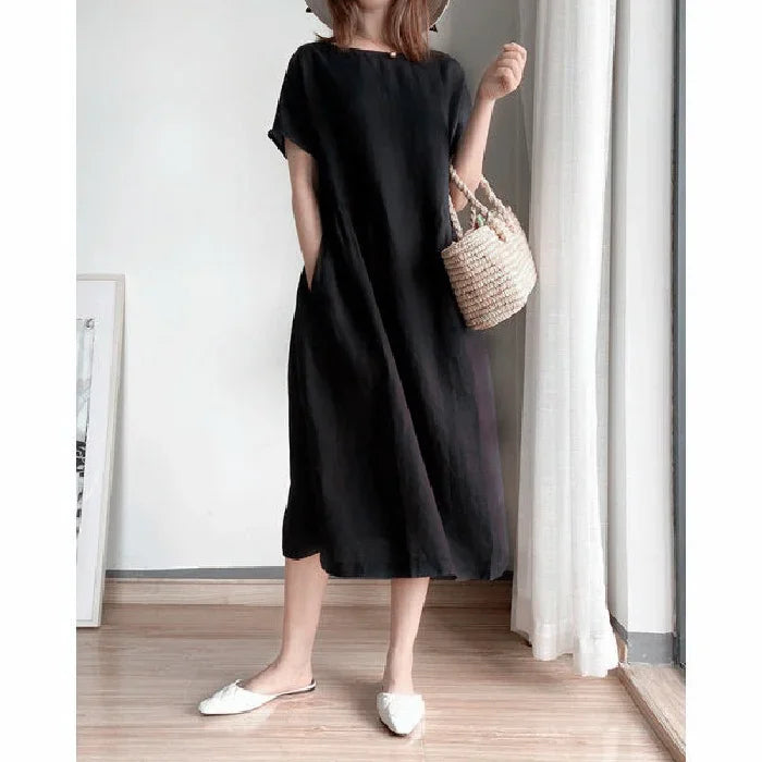 Gluschwein - Stella - Bequemes Leinen Baumwollkleid Schwarz