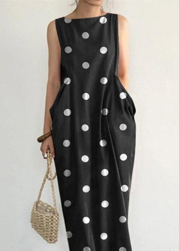 Robe longue noire sans manches à pois et poches