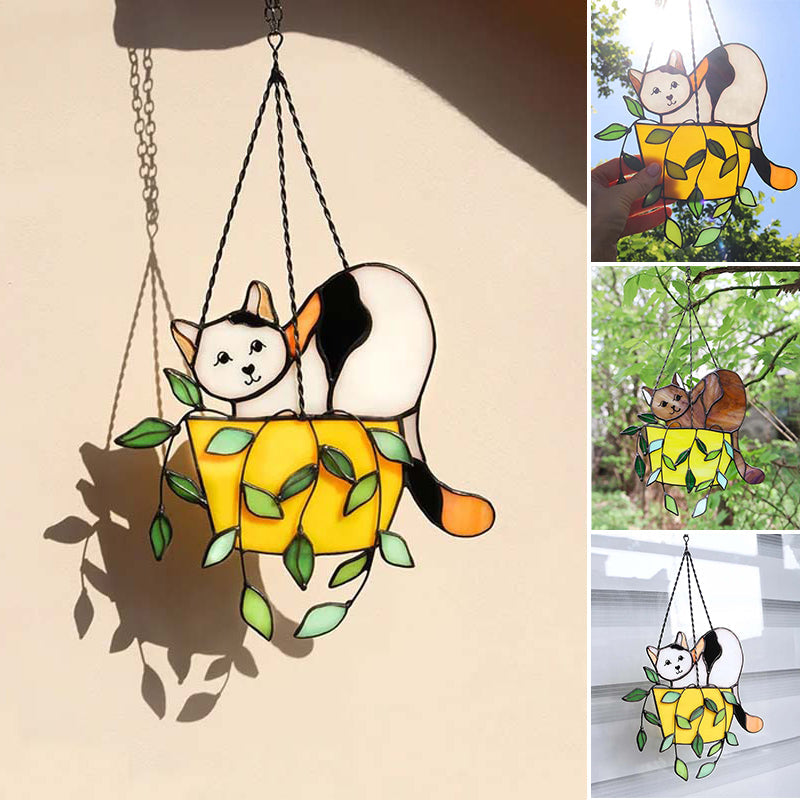 Gluschwein - Katze im Blumentopf Suncatcher Buntglasfensterhänger