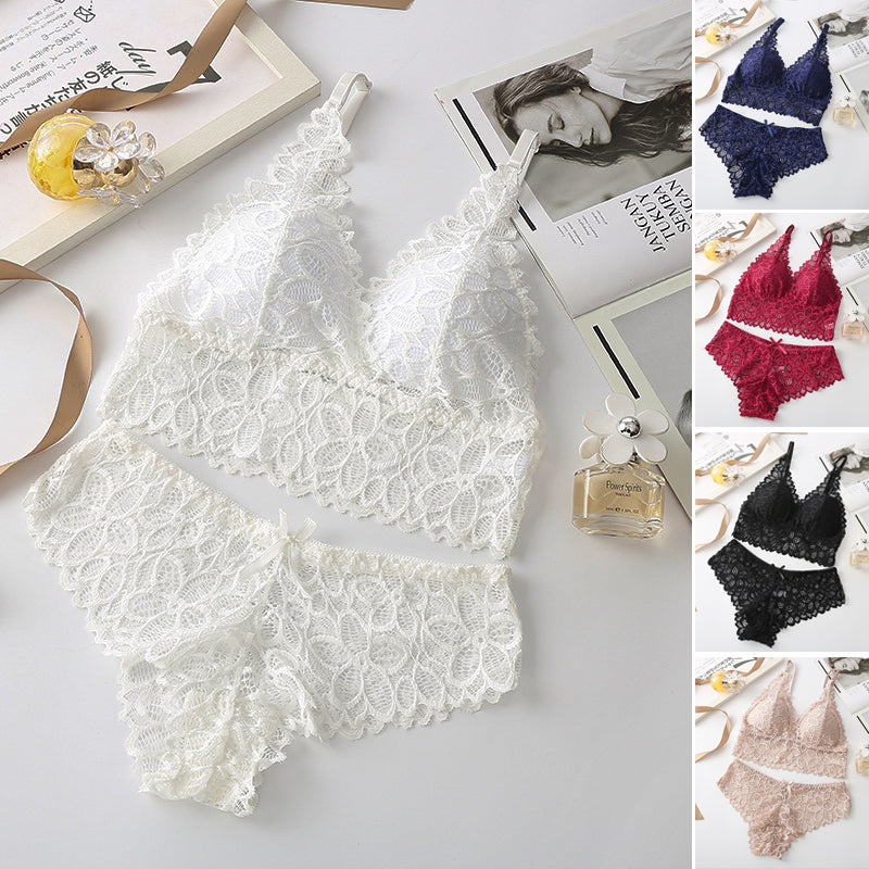 Gluschwein - Kabelloser BH aus kontrastierender Spitze und Panty mit Schleifenverzierung für Frauen