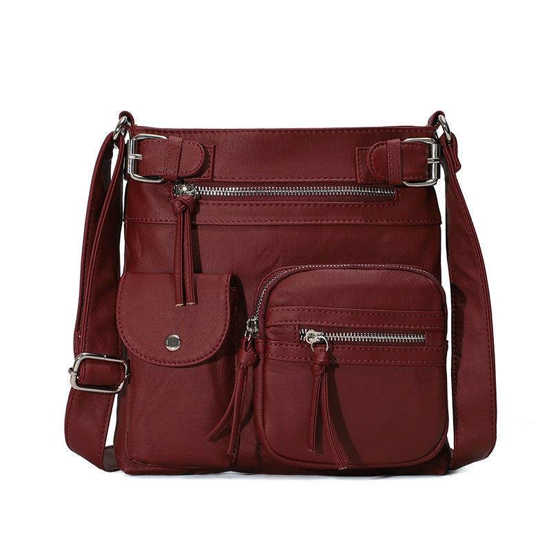 Gluschwein - Schultertasche aus weichem Leder mit mehreren Taschen Dunkelrot