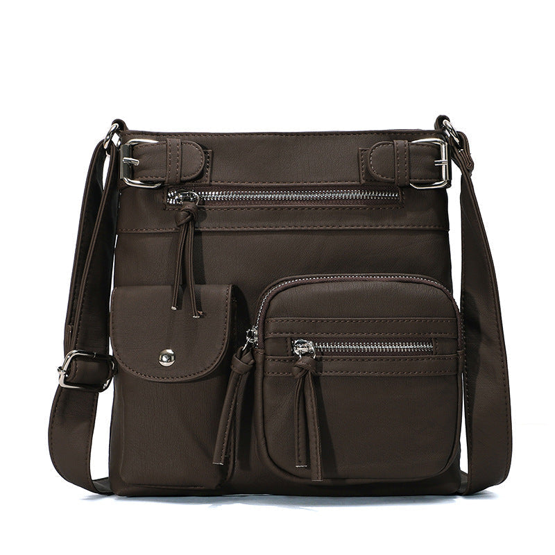 Gluschwein - Schultertasche aus weichem Leder mit mehreren Taschen Dunkelbraun