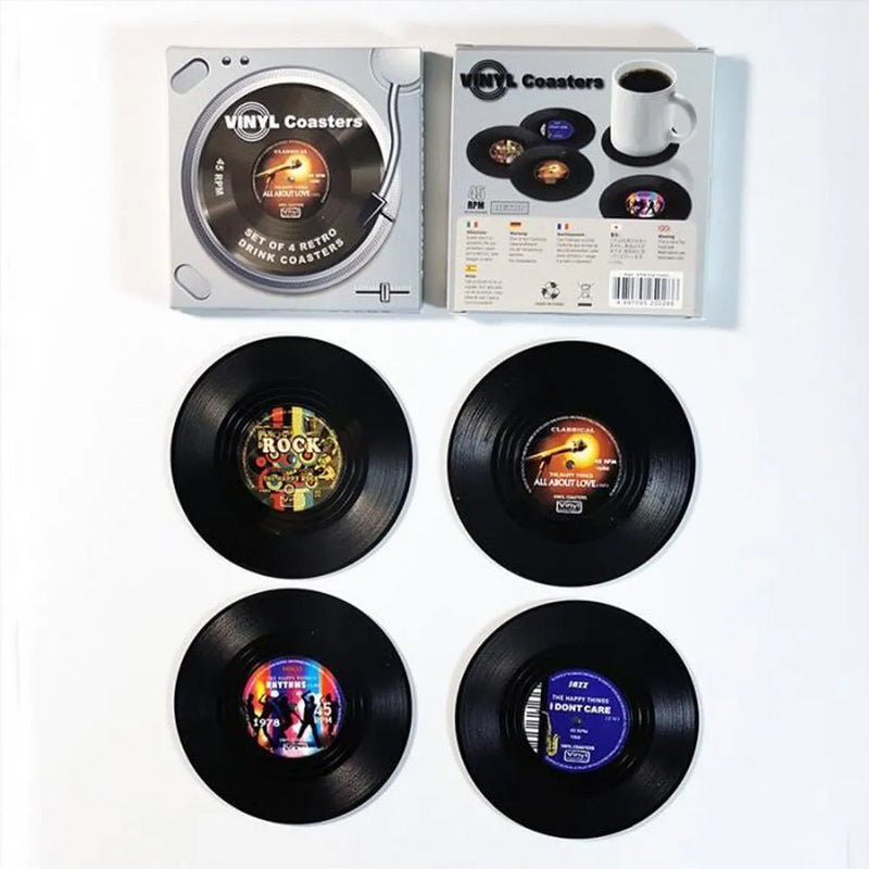 Gluschwein - Schallplatten-Untersetzer mit Vintage-Spielerhalter Grau (4 Stück)