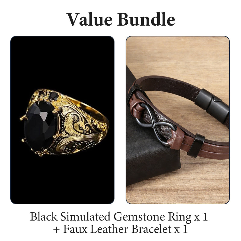 💥Kaufe 1, bekomme 1 gratis💕Vintage-gravierter schwarzer Ring mit simuliertem Edelstein