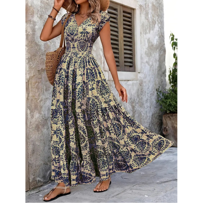 ✨🔥Damen Maxikleid mit V-Ausschnitt, Blumenmuster und geraffter Taille