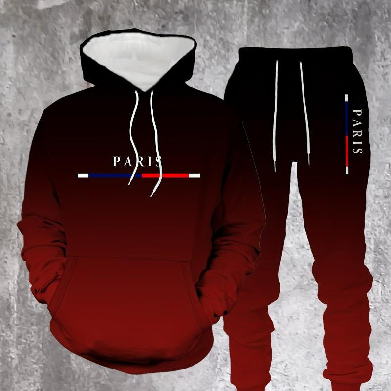 Gluschwein - Sportswear-Set mit Schwarz-Rot-Farbverlauf 🔥 Komplett mit Hoodie & Hose — Mit Kängurutasche und Kordelzug am Bund. Perfekt für das Gym und die Straße! 💪