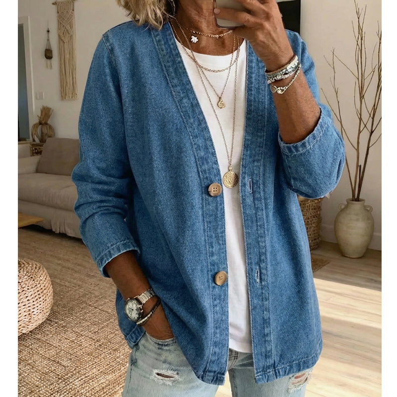 🧥 JETZT 50 % RABATT! ✨ Klassische Damen-Jeansjacke mit Knopfleiste – V-Ausschnitt, atmungsaktives Material & lockere Passform 💙