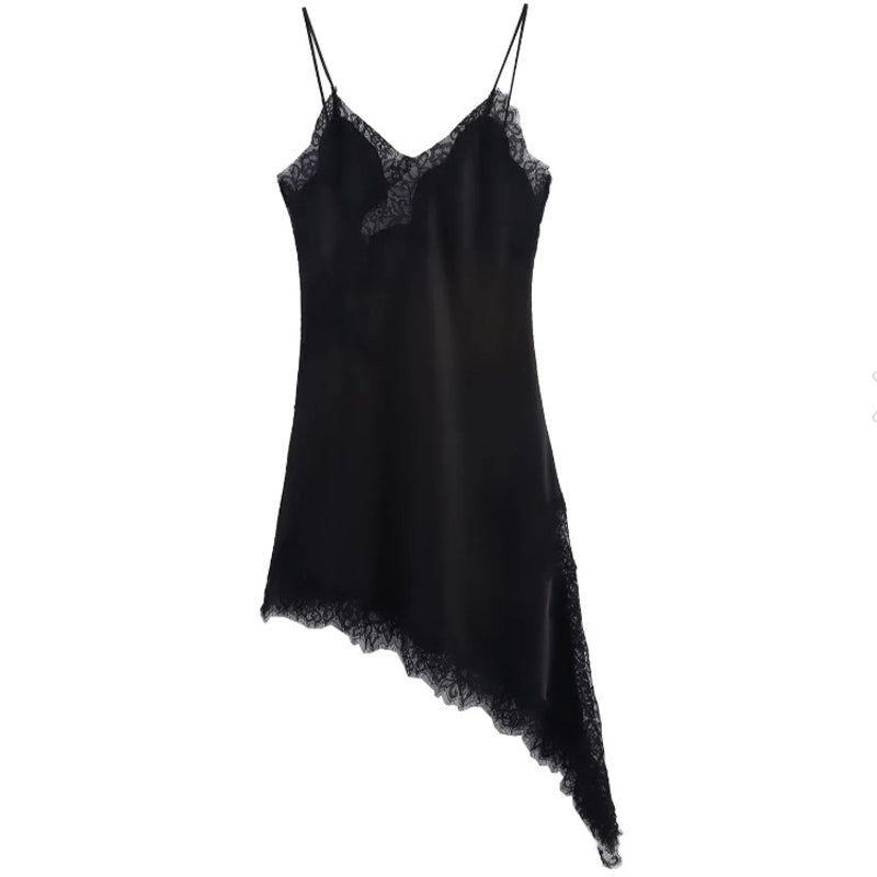 🎀Spaghettiträgerkleid mit V-Ausschnitt und Spitzenbesatz