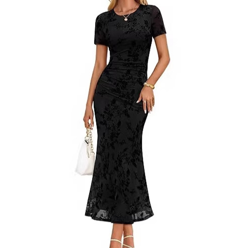 Damen-Midikleid im Meerjungfrauenstil mit Blumenmuster und Mesh