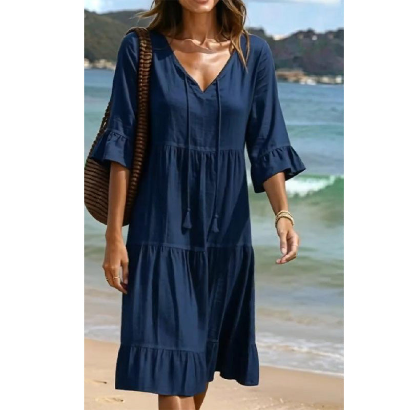 Damen-Midikleid mit V-Ausschnitt, Quasten und Stufenrock