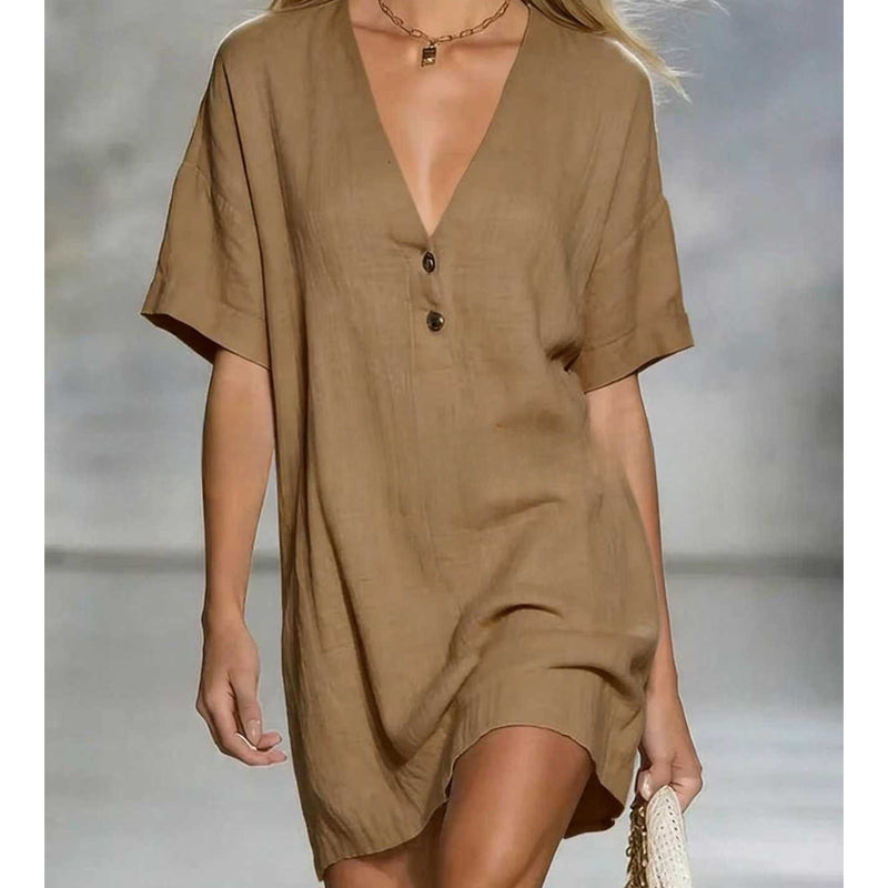 Women's V-Neck Short Sleeve Linen Tunic Dress