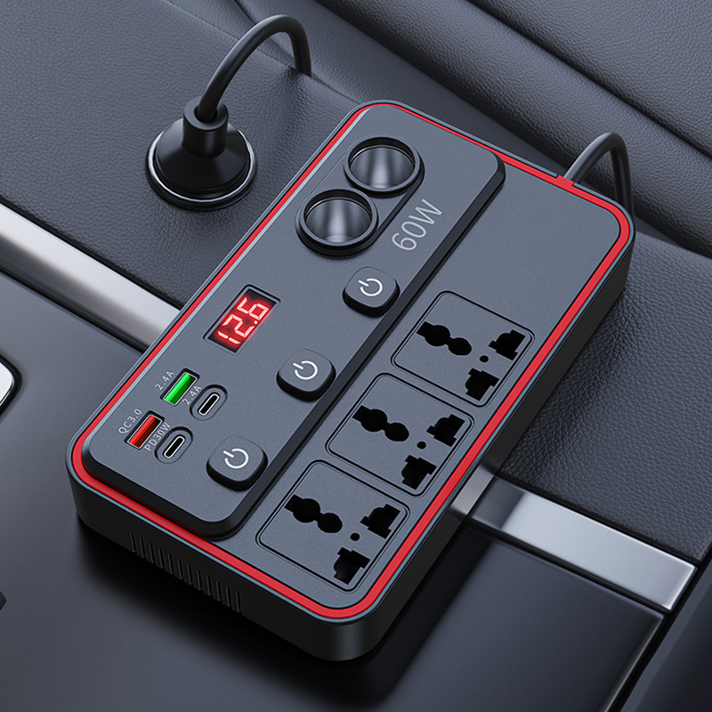 Multifunktionales Autoladegerät mit Steckdosen und USB-Anschluss
