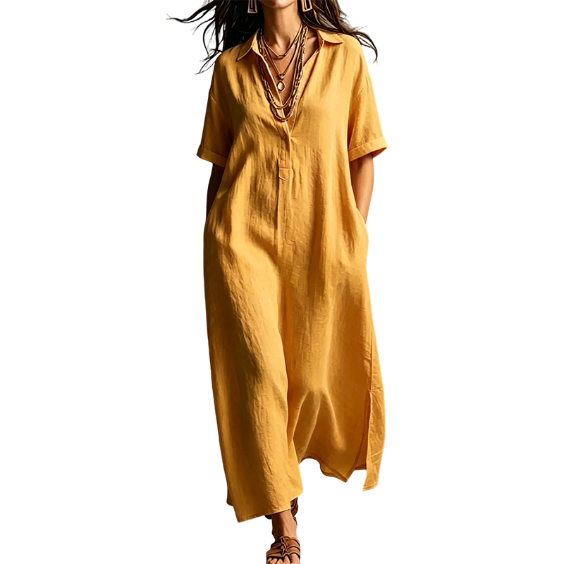 🌺Damen elegantes Baumwoll-Leinen Kurzarm-Reverskleid
