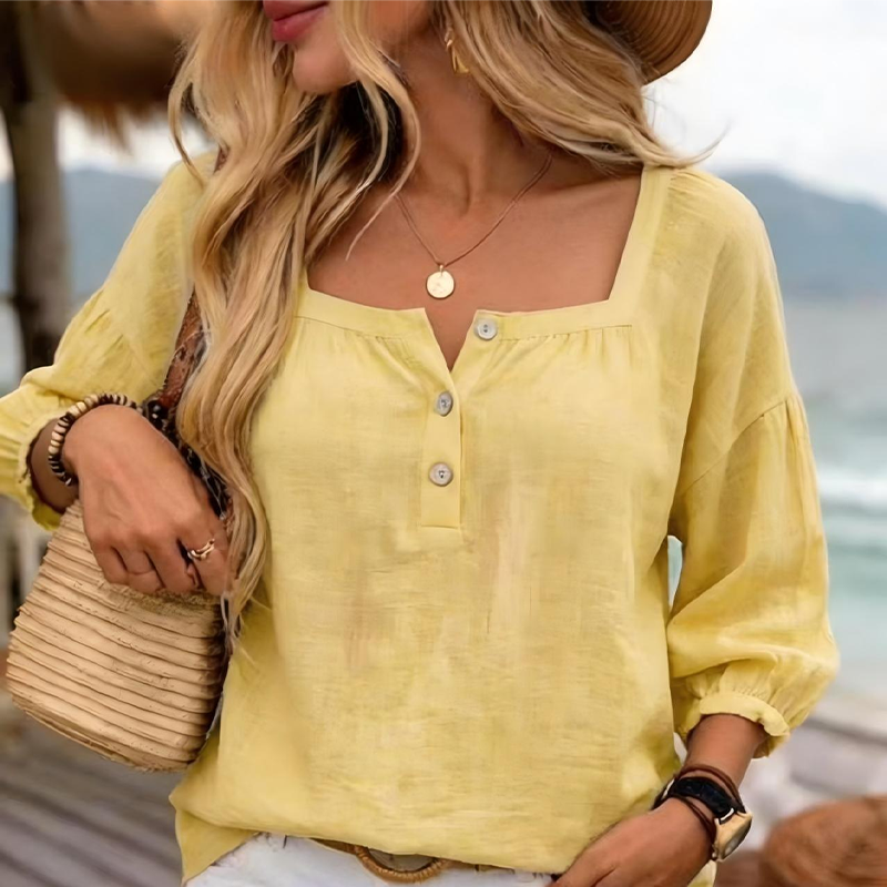 Women's 3/4 Sleeve Square Neck Linen Blouse