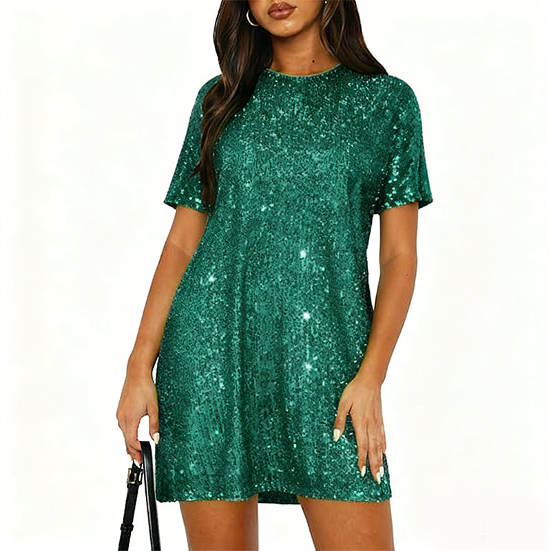 Women's Sequin Short Sleeve Crewneck T-Shirt Dress