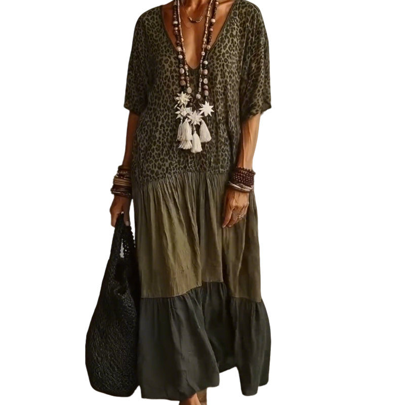 Gluschwein - Damen Boho-Maxikleid mit Leopardenmuster