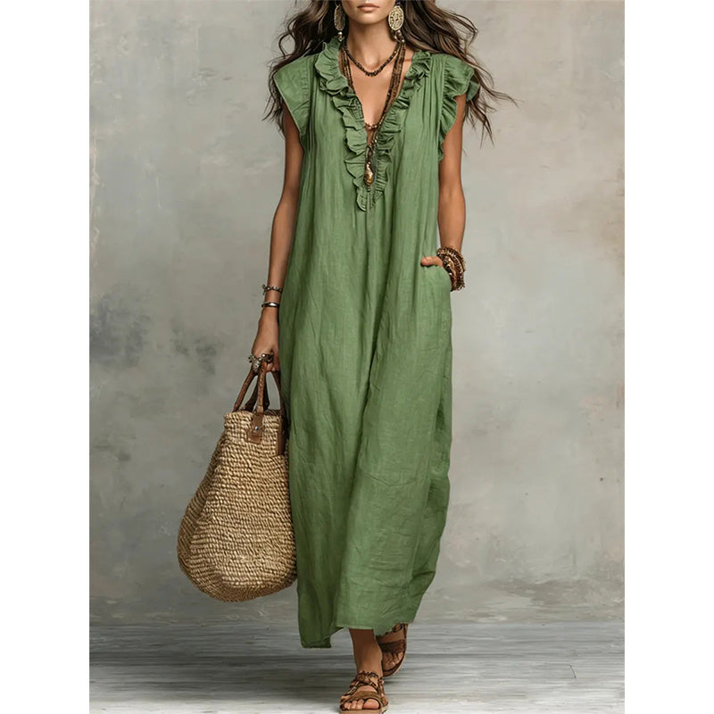 🌿✨ 50% Rabatt! Luftiges Casual Maxikleid mit V-Ausschnitt & Rüschen – Sommerlich, Leicht & Vielseitig für Freizeit & Urlaub