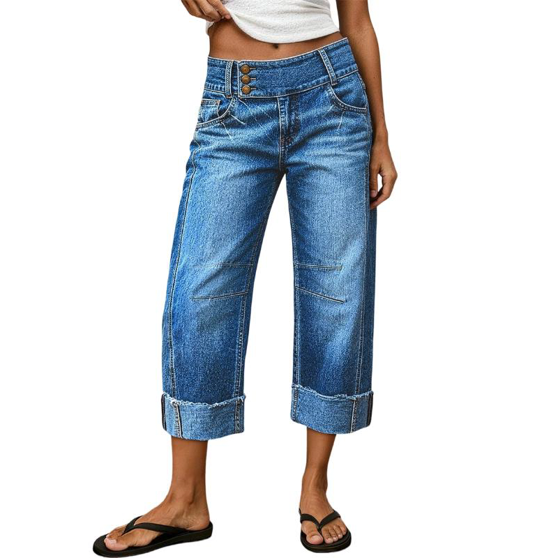 ⏰ 50 % RABATT – Nur für kurze Zeit ✨👖 Figurschmeichelnde Cropped Denim-Jeans mit hoher Taille & weiter Beinweite – 3-facher Knopfverschluss, umgeschlagene Säume & atmungsaktive Qualität