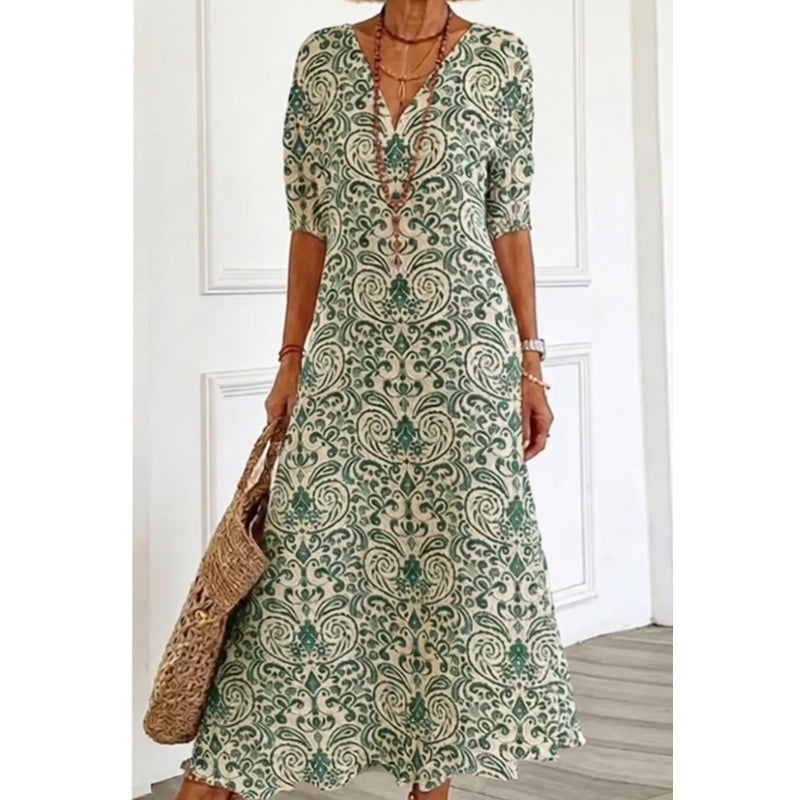 ⏰ 50 % RABATT – Nur für kurze Zeit ✨👗 Damen-Maxikleid mit V-Ausschnitt & Print – kurzärmelig, leicht & vielseitig für Alltag, Strand & Urlaub
