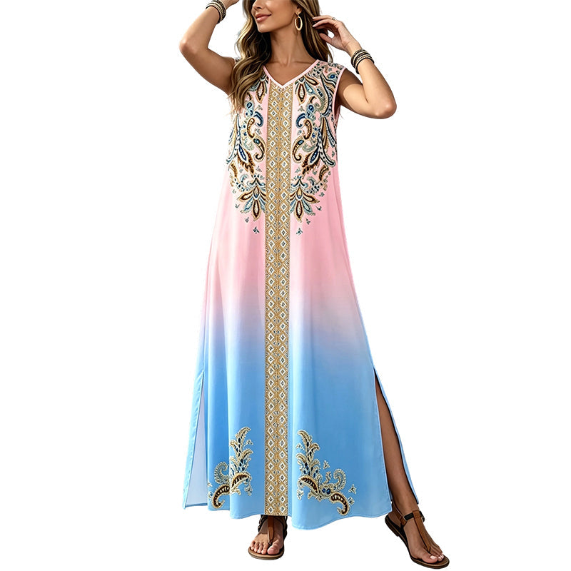 ✨ Boho-Maxikleid für Damen mit ethnischem Print und V-Ausschnitt – fließende Silhouette, ärmellos, elegant und vielseitig, große Größen 1XL–5XL, 3 Farben 🌊