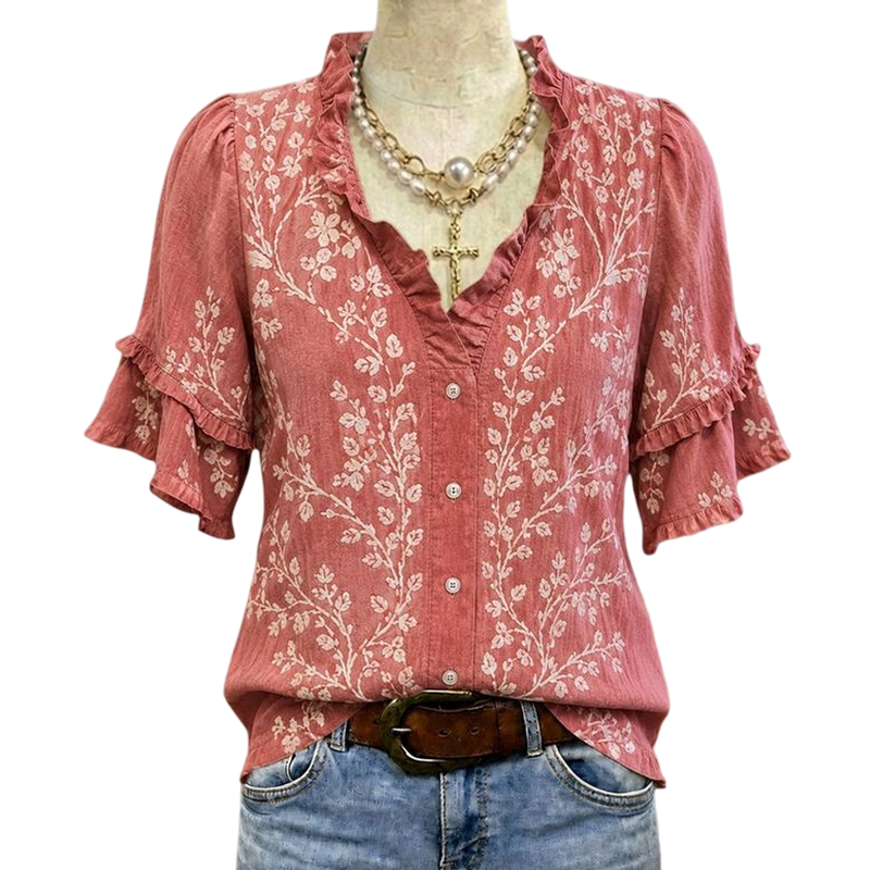 Vintage-Oberteil für Damen mit Blumenmuster und gerüschtem V-Ausschnitt