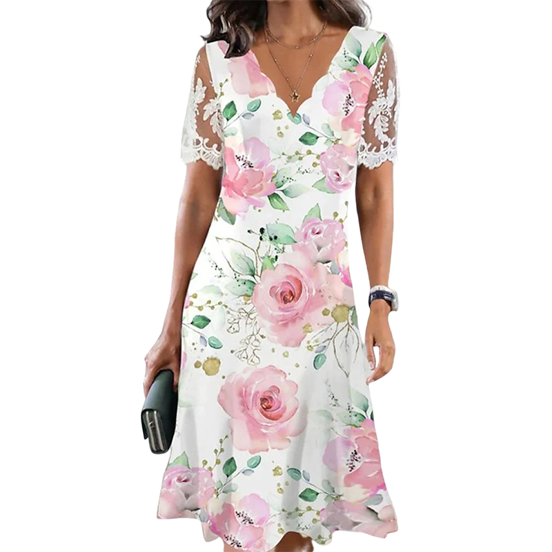 Damenkleid mit Blumenmuster und Spitzenärmeln